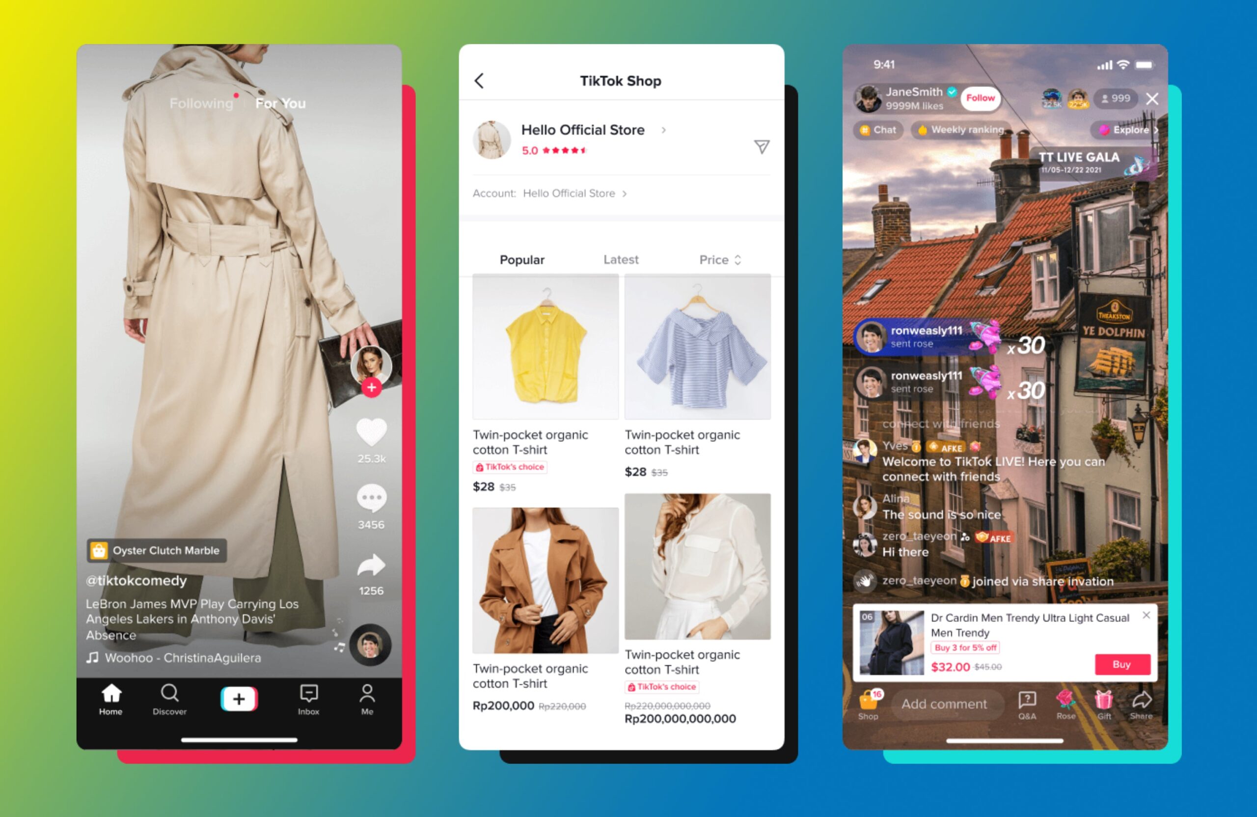 Three panels showing TikTok shop features