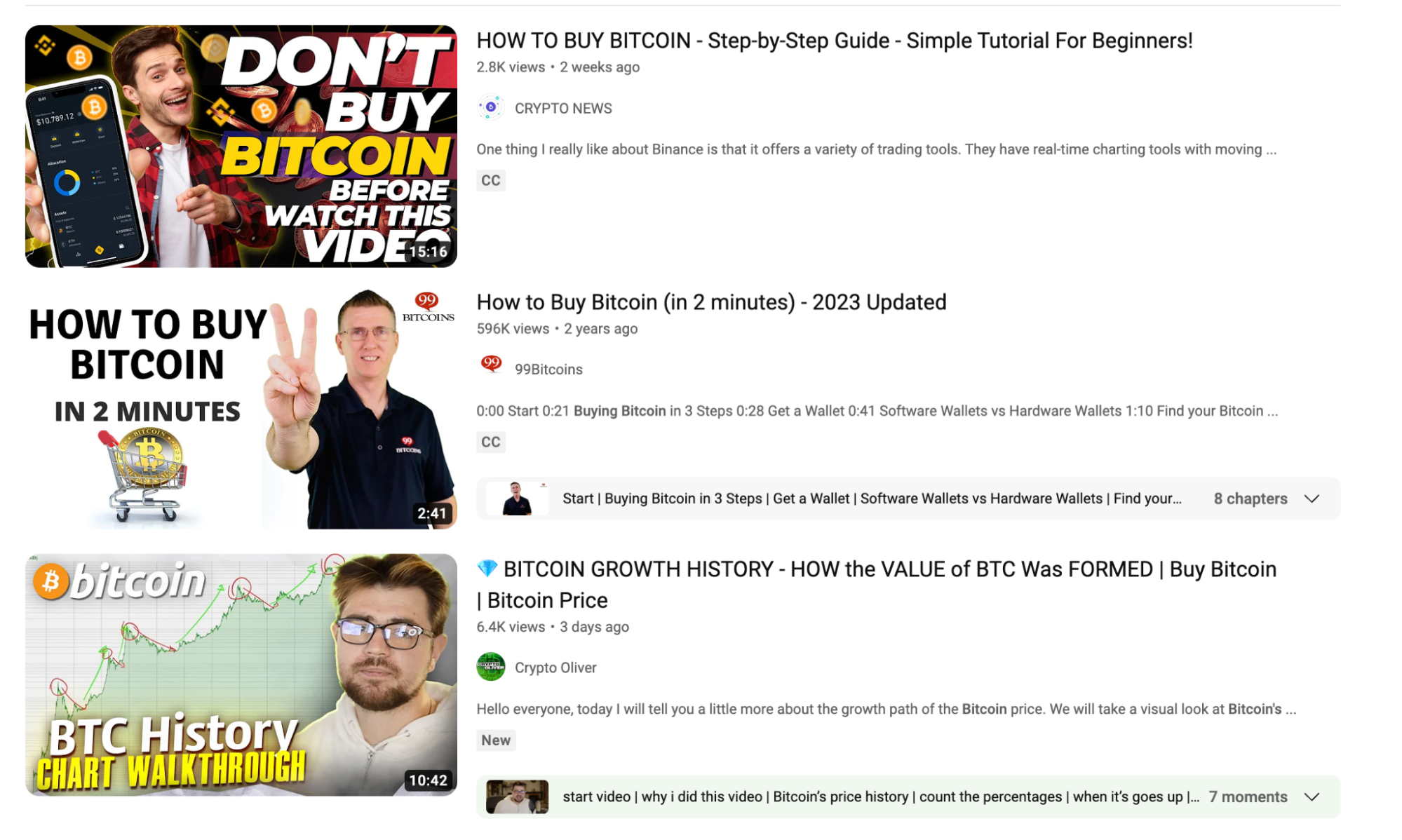 Three YouTube channels on Bitcoin in the YouTube feed showing dynamic thumbnails with people, words and graphics