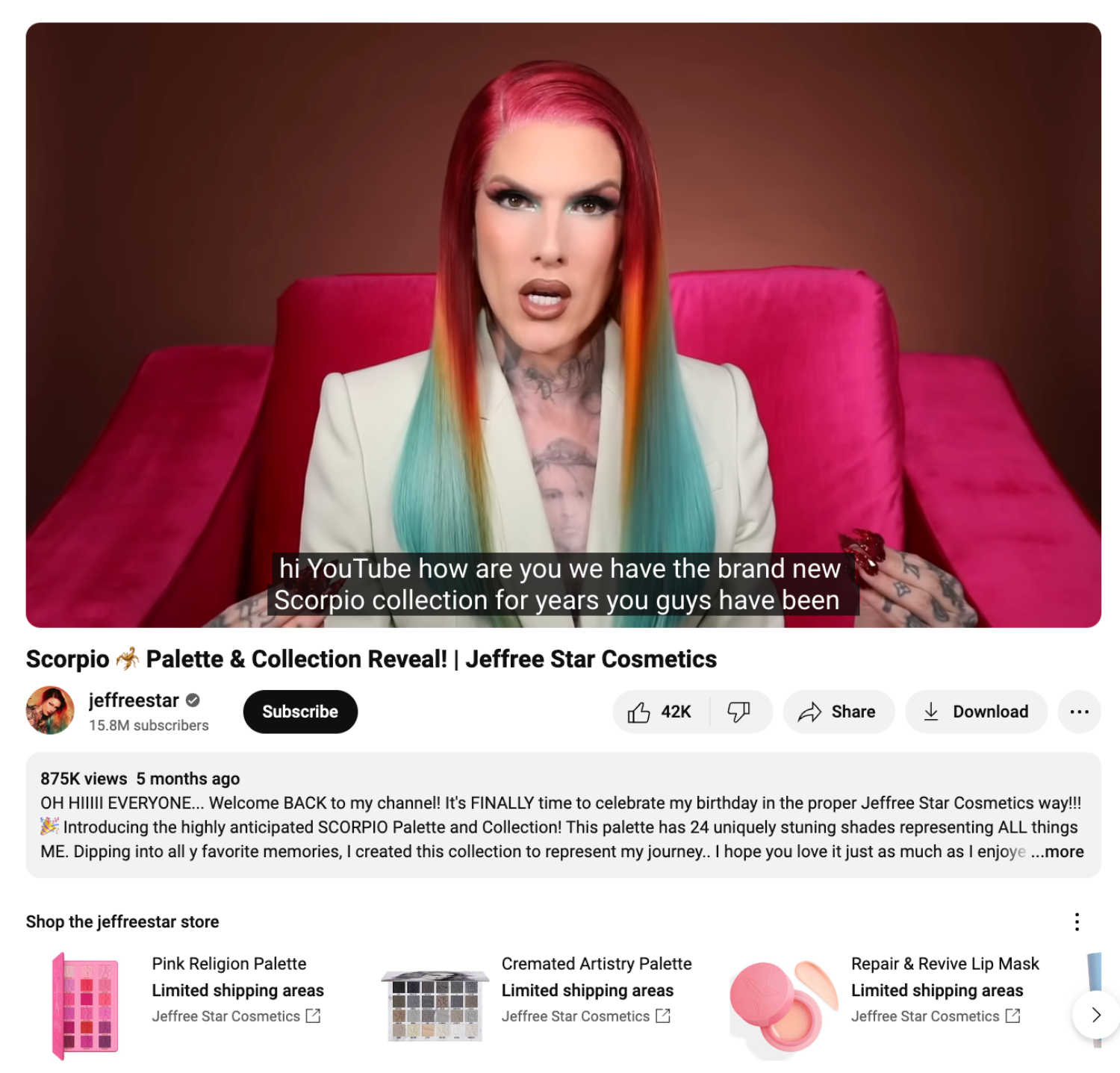 YouTube video page for Jeffree Starr showing a product shelf