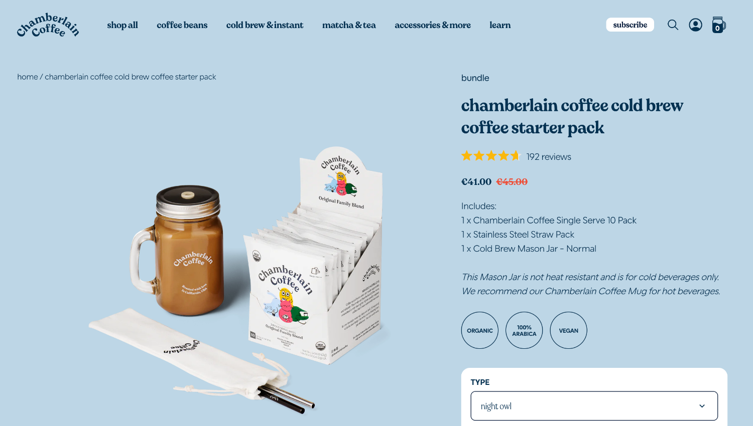 Ecommerce product page for Chamberlain Coffee