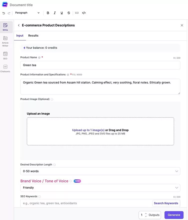 Screenshot of an e-commerce product description form for green tea, highlighting fields for product name, information, image upload, desired description length, tone of voice, and search keywords.