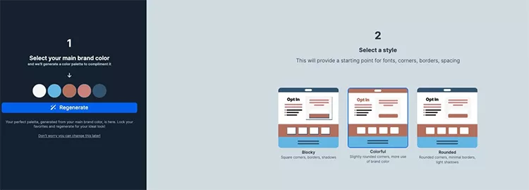 A webpage interface shows steps to customize design: Step 1 allows selection of brand color, and Step 2 provides style options categorized as Blocky, Colorful, and Rounded.