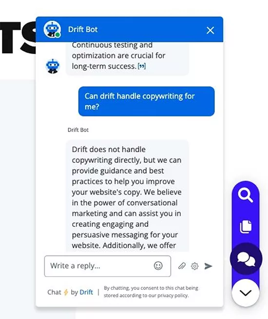 Screenshot of a chat with Drift Bot. The user asks if Drift can handle copywriting. Drift Bot replies that they do not, but can offer guidance and best practices to improve the user's website copy.