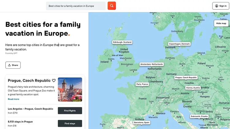 A map of Europe highlighting top family vacation destinations, including Paris, London, Rome, and Prague. A left panel features Prague with an image, flight, and accommodation options.