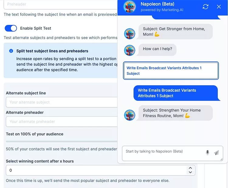 Screenshot of an email marketing tool displaying the setup for a split test involving different subject lines and preheaders. A chat window on the right shows a conversation generating these email variants.