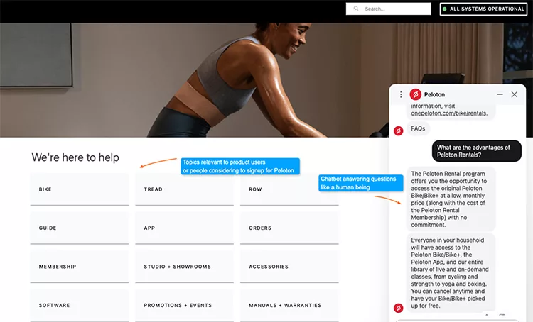 A woman on a laptop while a chatbot about Peloton Rentals provides answers to FAQs. The webpage lists topics for Peloton users or potential sign-ups, such as classes, accessories, and warranties.