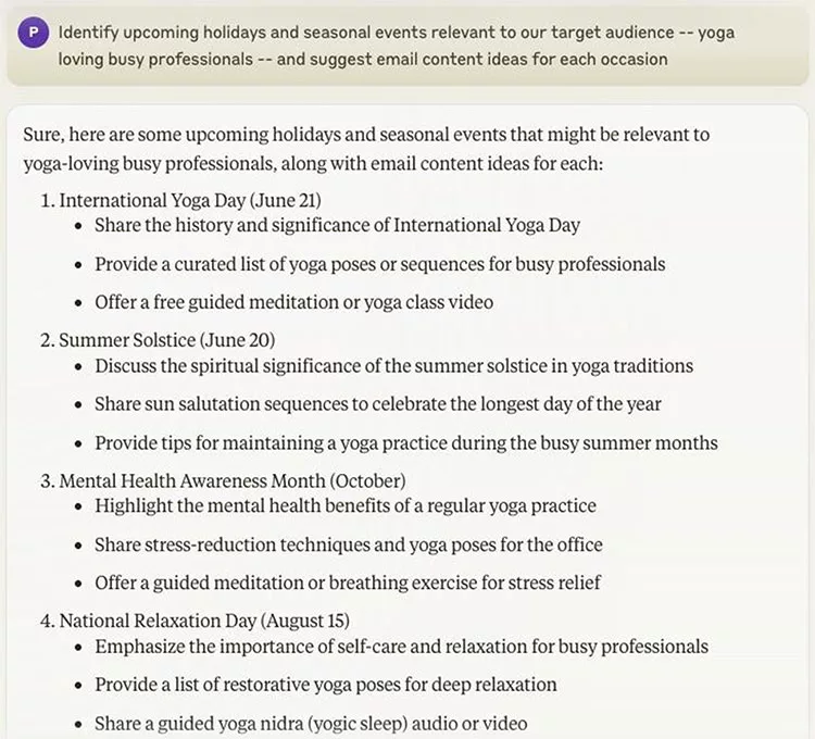 Text on identifying holidays and seasonal events for yoga professionals. Includes topics like International Yoga Day, Summer Solstice, Mental Health Awareness Month, and National Relaxation Day.