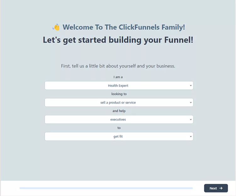 Registration form for ClickFunnels asking the user's role, purpose, target audience, and goal with dropdown selections filled as Health Expert, sell a product or service, executives, and get fit.