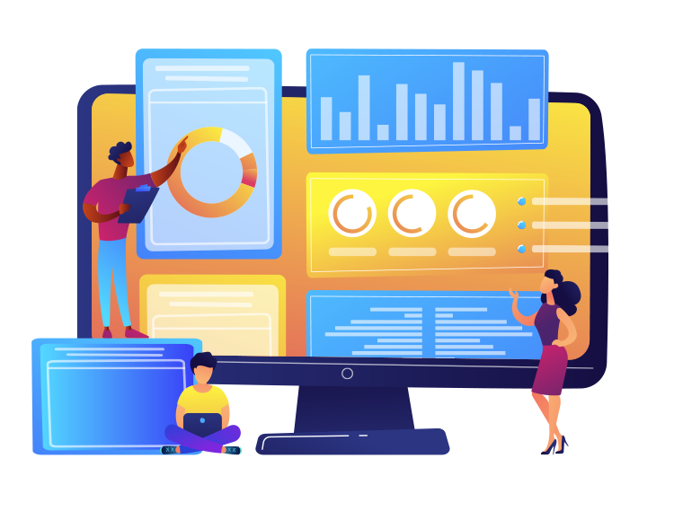 Illustration of three people analyzing data on a large screen displaying charts, graphs, and data visualizations. One person stands with a notepad, one sits with a laptop, and one points at the screen.