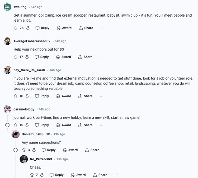 A Reddit thread with users suggesting summer activities. Ideas include getting a summer job, helping neighbors for money, finding a volunteer role, or picking up hobbies like reading, gaming, or journaling.