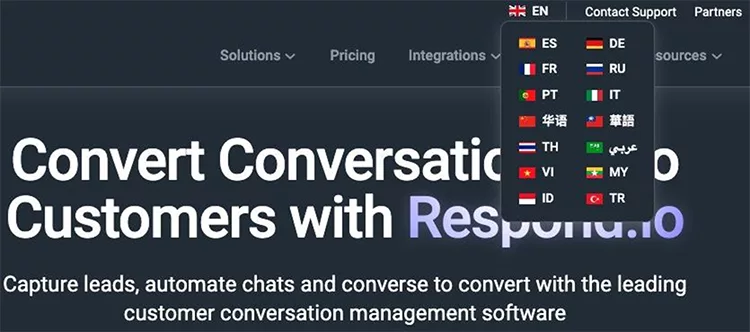 Screenshot of the Respond.io homepage with language selection menu expanded, showing flags for different languages and text offering conversion of conversations to customers. Navigation options are visible at the top.