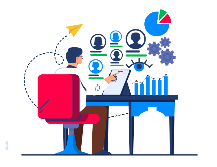 Person seated at desk interacting with a touchscreen, surrounded by icons including charts, gears, and profiles, illustrating data analysis or project management.