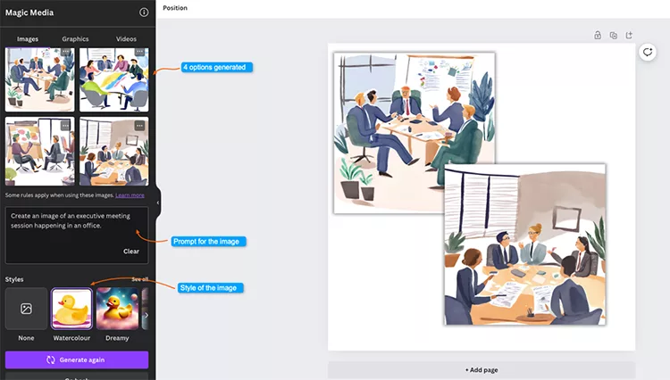 Screenshot of a digital media creation tool showing options for generating an illustration of a business meeting. The tool displays different styles and visual prompts on the left side.