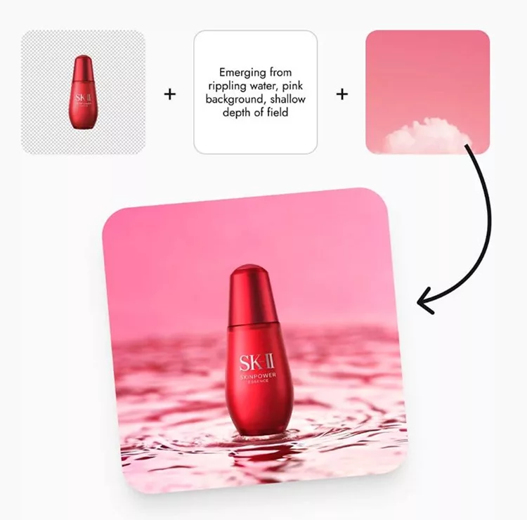 A red SK-II bottle stands upright on rippling water with a pink background, demonstrating its features in a shallow depth of field. An arrow points to a box suggesting the combination of elements.