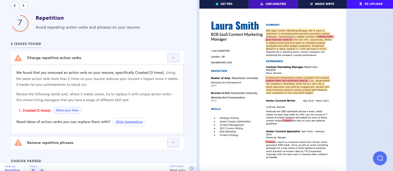 ATS resume template; suggestions regarding the repetitive use of words