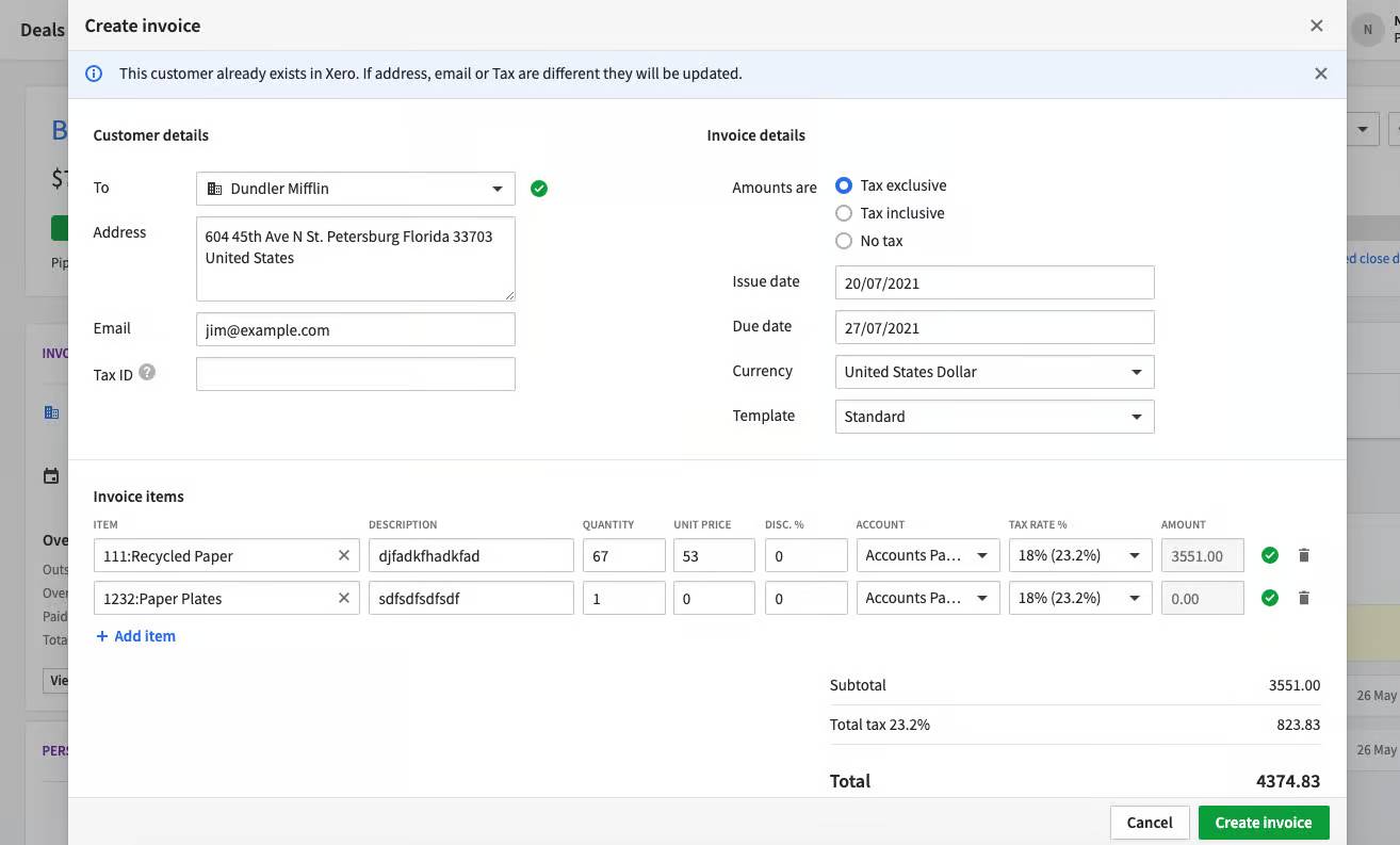 Coach CRM: creating a Quickbooks invoice from Pipedrive’s client profile