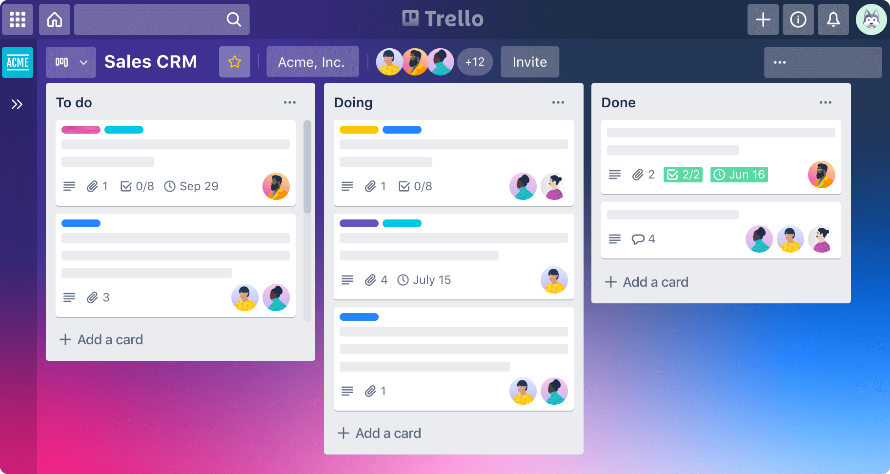 Mortgage CRM: Trello boards, columns and contact cards.