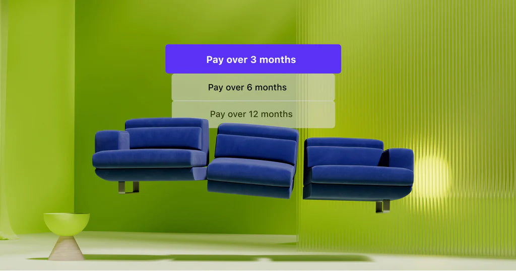 couch floats on a green background with a demo of Shop Pay Installments above it: buy now pay later companies