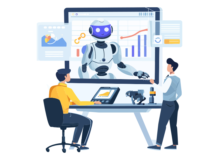 Two people interact with a large screen displaying a friendly robot. One person sits at a control panel, while the other stands. Charts, graphs, and data are visible on the screen.