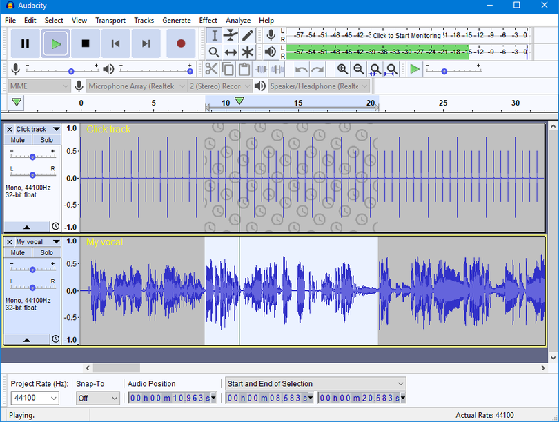 Editing view for Audacity software.