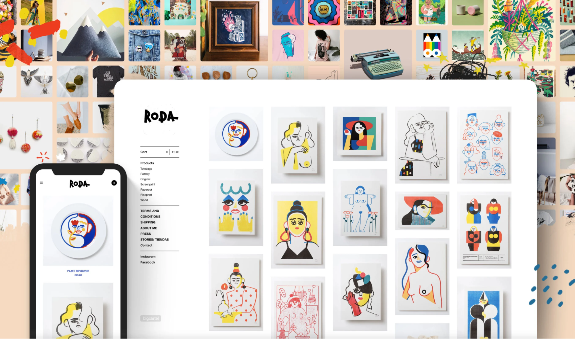 A web page made with Big Cartel displays colorful illustrations for sale.