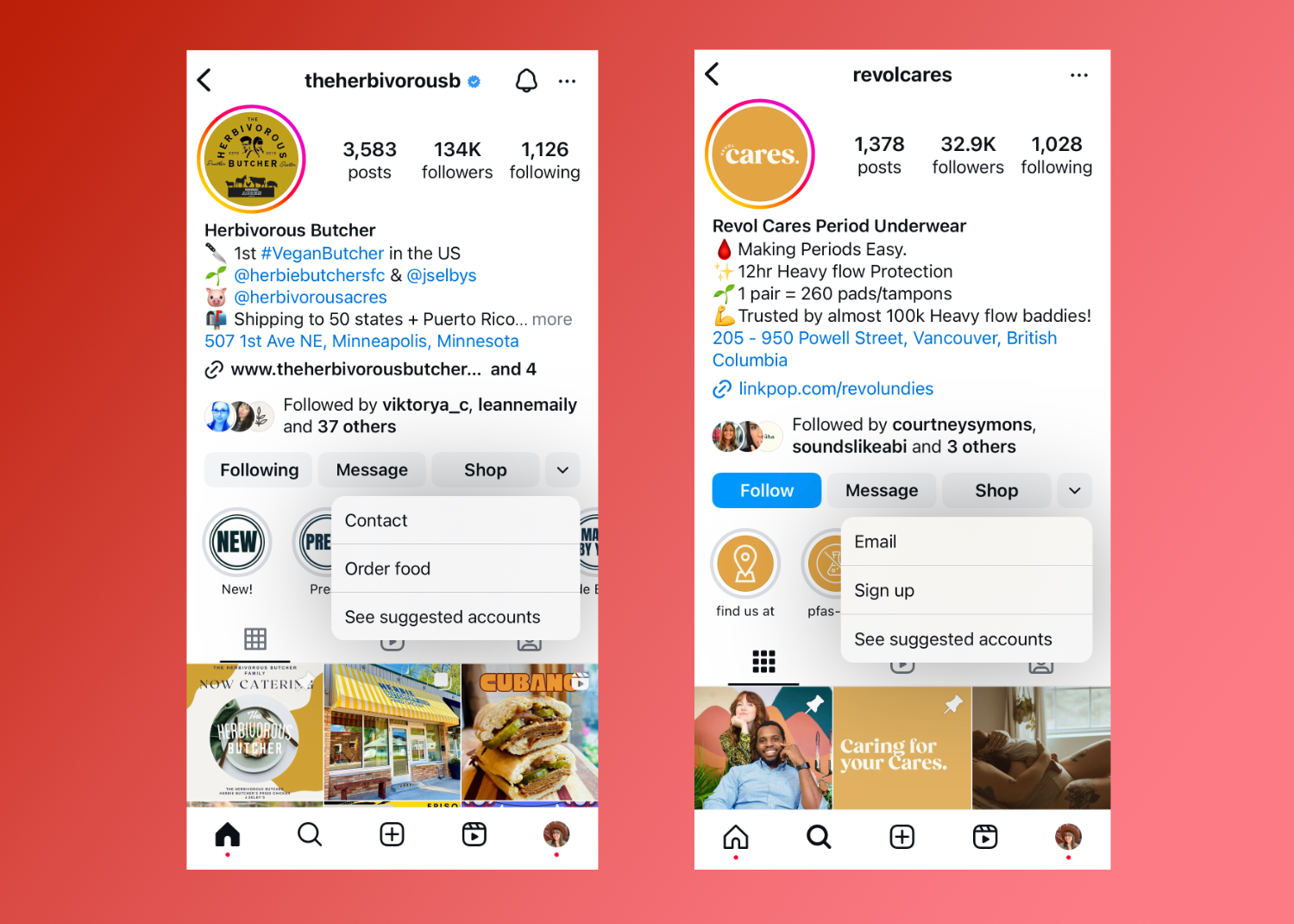 Side by side panels of mobile screens showing Instagram business account examples