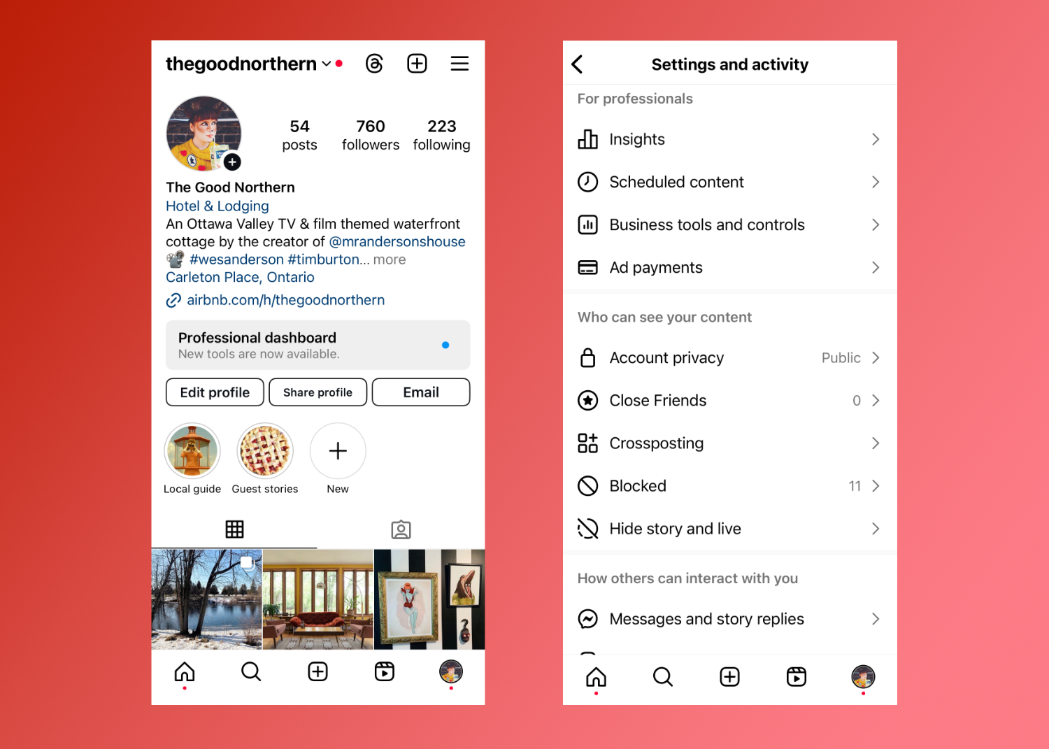 Side by side panels of mobile screens showing Instagram business account details