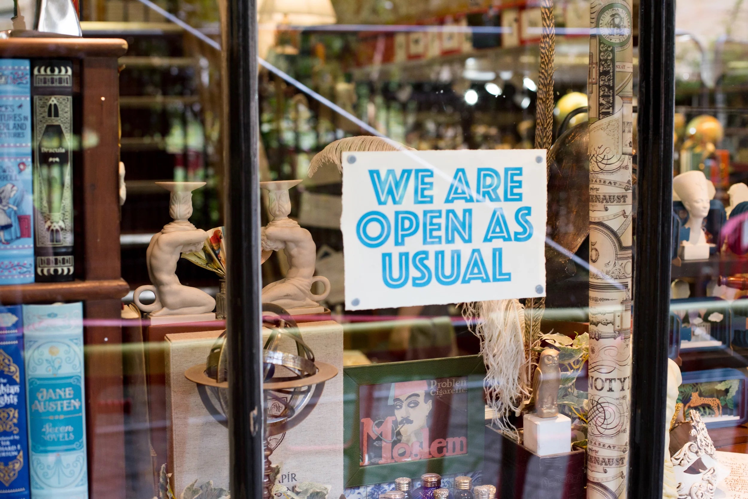 Bookstore window with open sign