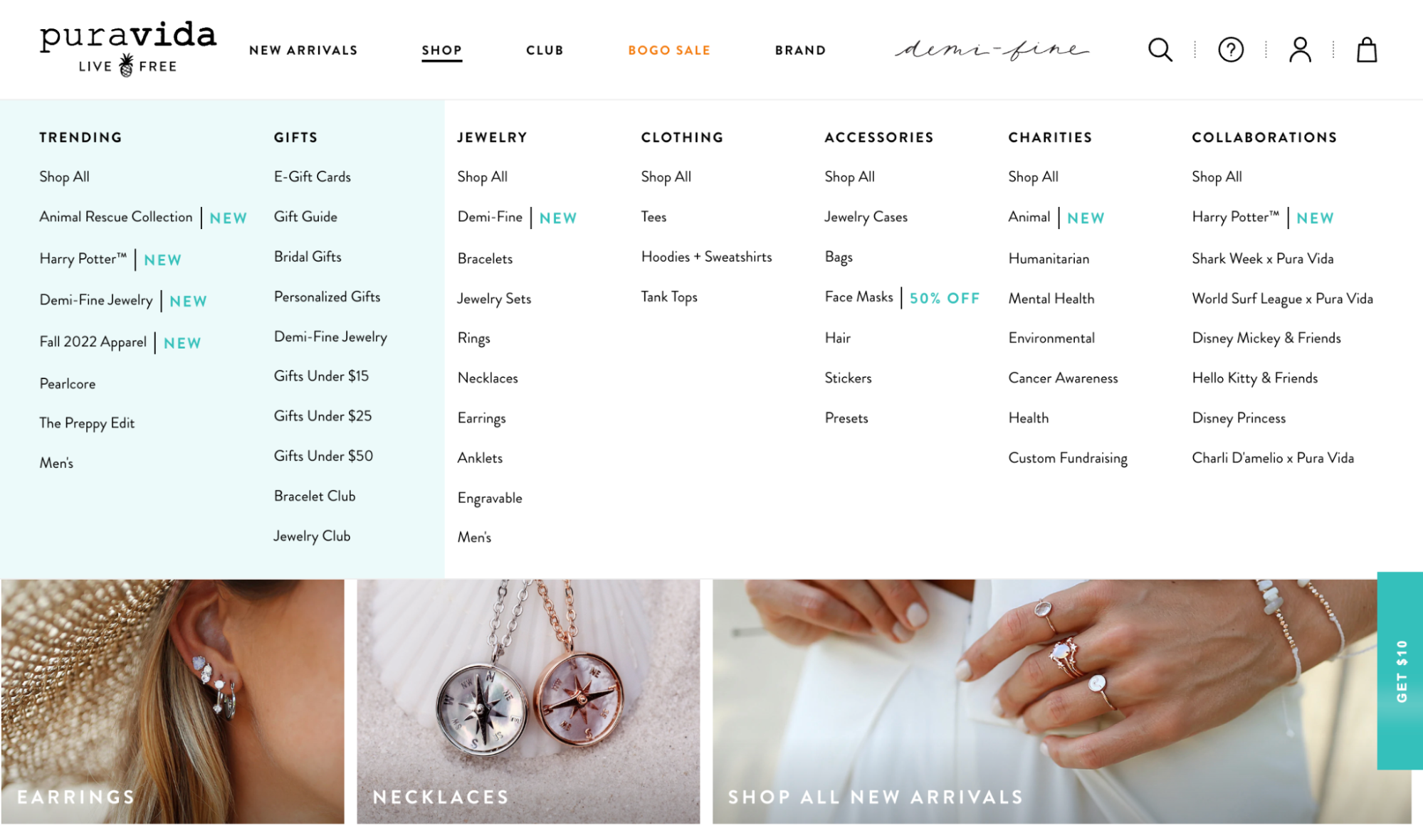 pura vida website showing the product categories in their navigation