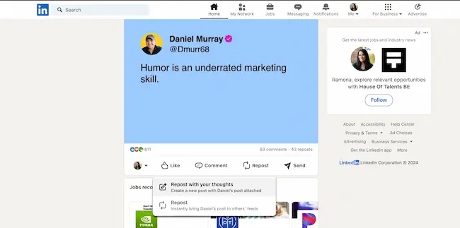 Screenshot showing LinkedIn’s repost button on the platform.