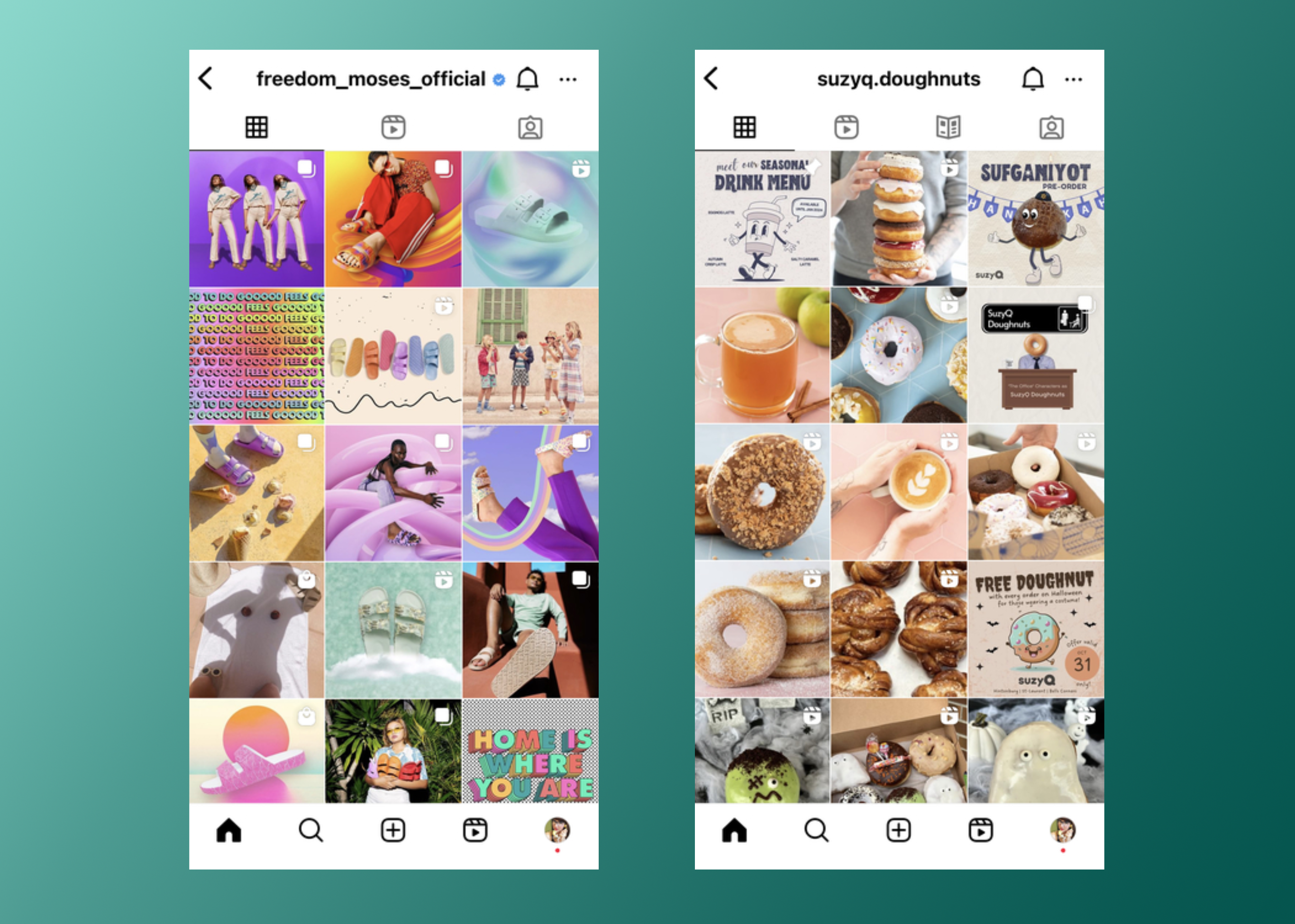 Side by side panels of mobile screens showing Instagram account examples