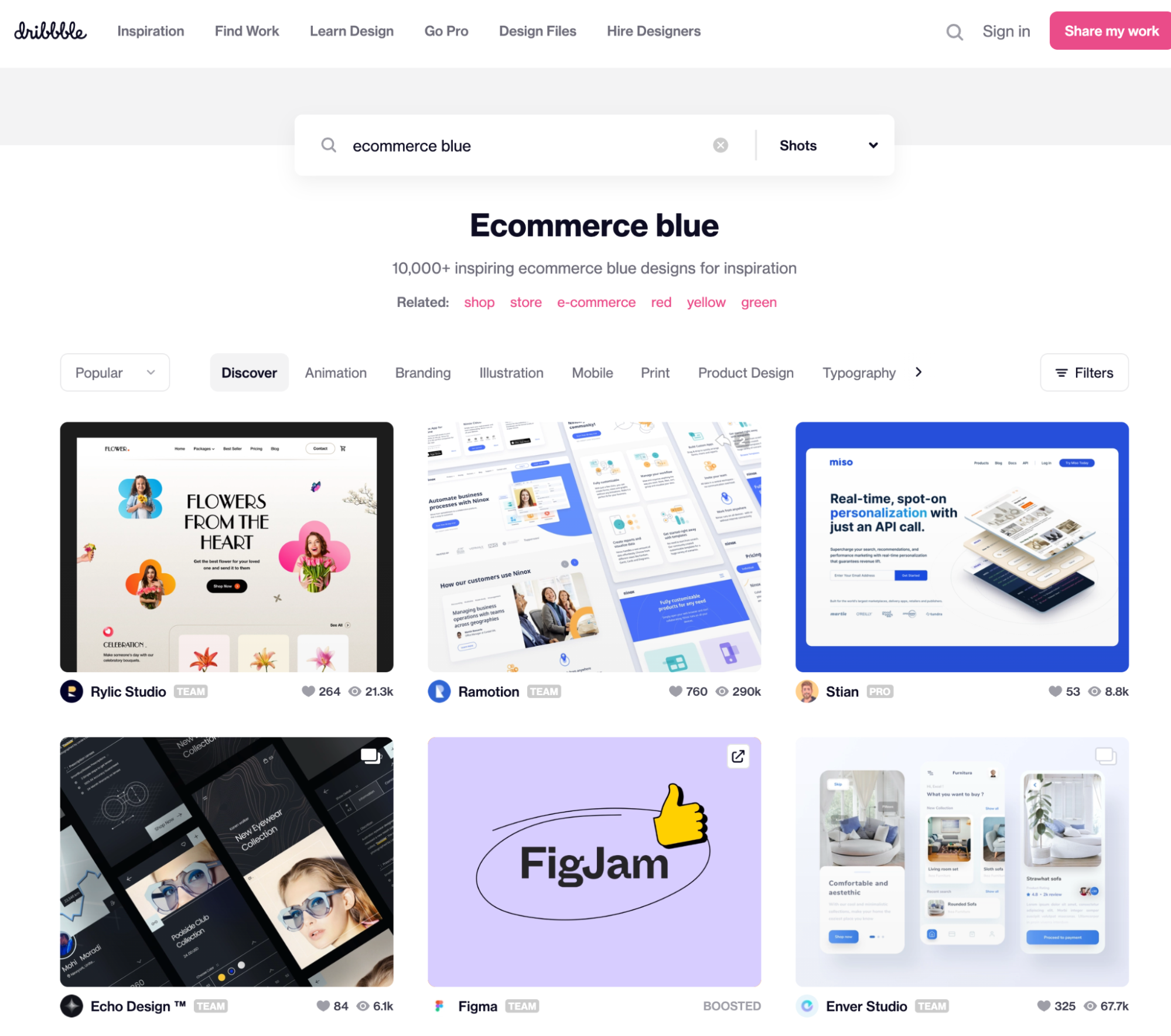 dribbble homepage with a sample search