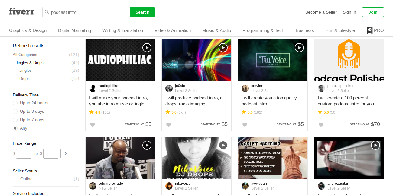 Search results page on Fiverr showing experts who offer podcast intro services