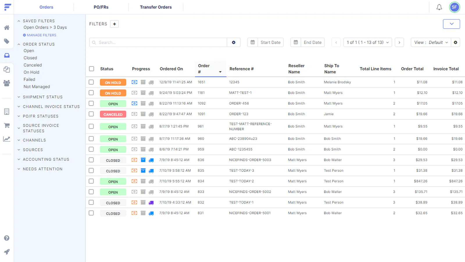 Flxpoint dashboard shows order progress and status for recent orders made from an online store.