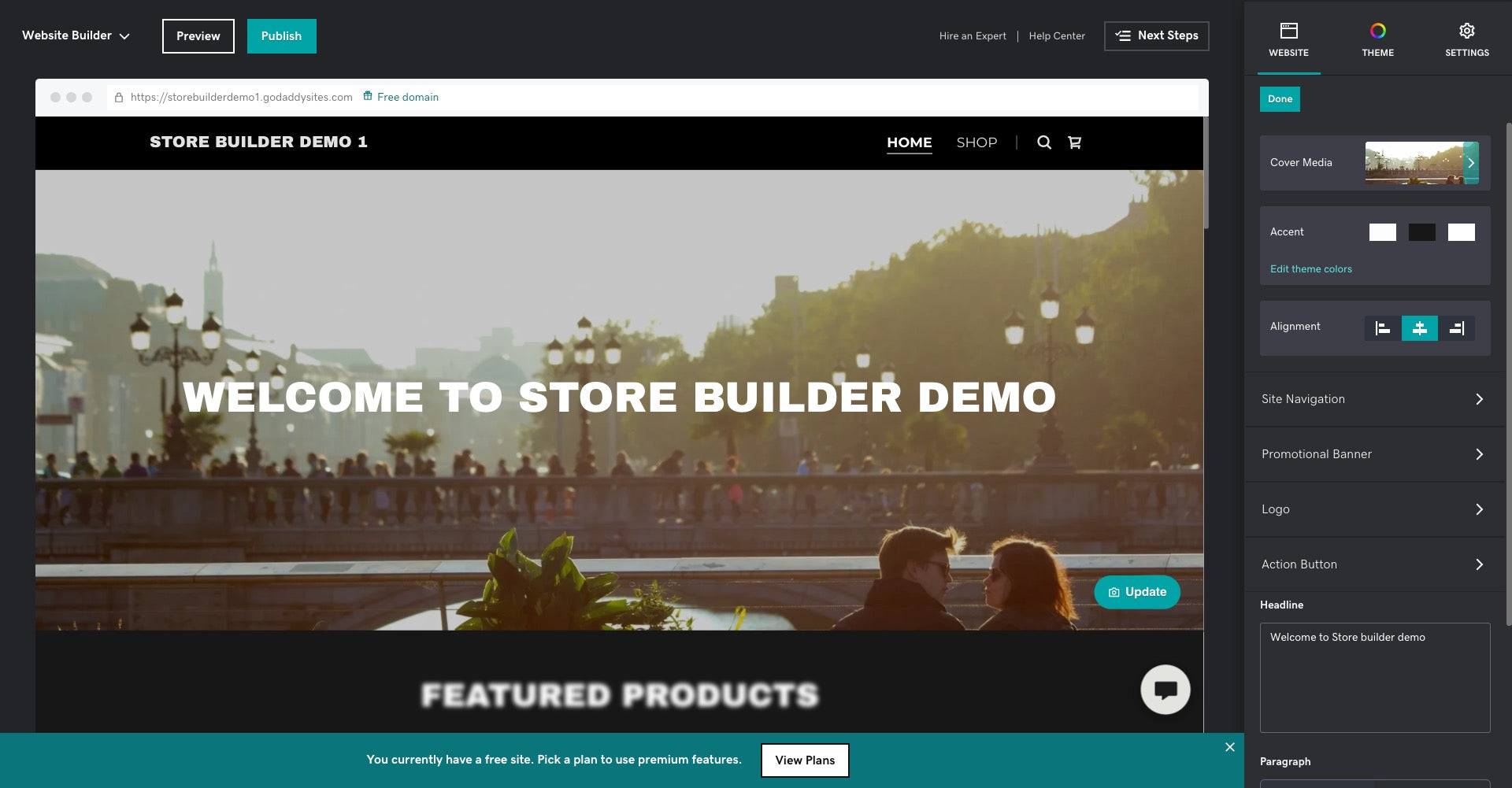 Godaddy website builder shows a demo store with ecommerce features.