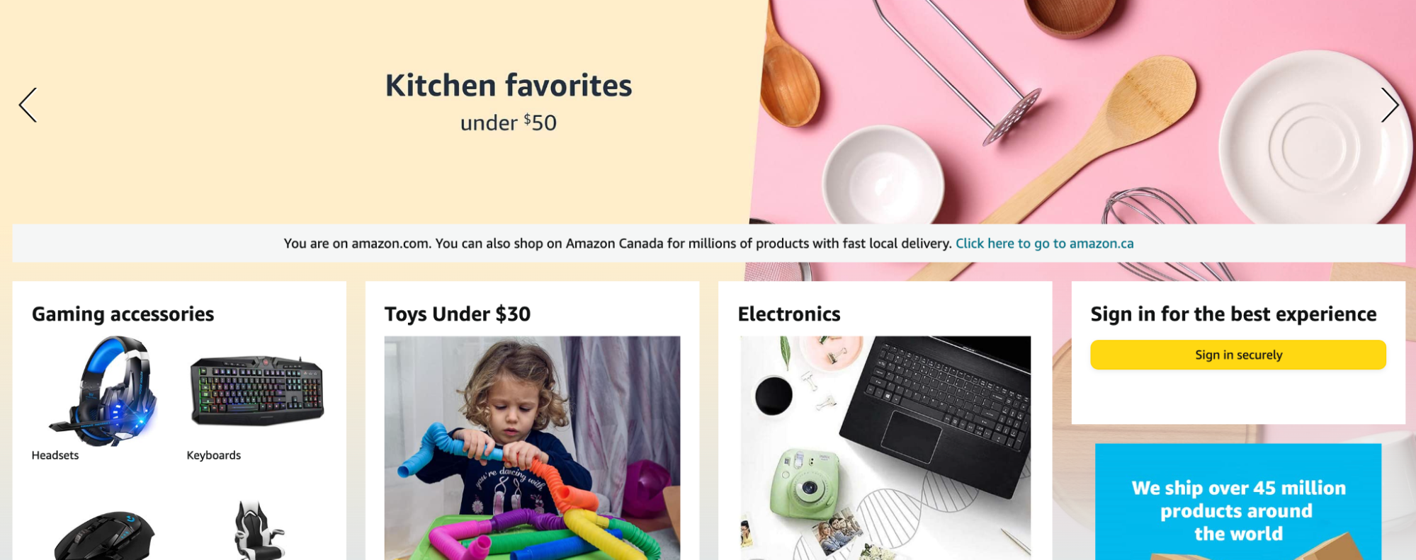 Amazon homepage with banner advertising kitchen products like spoons, bowls, and whisks.