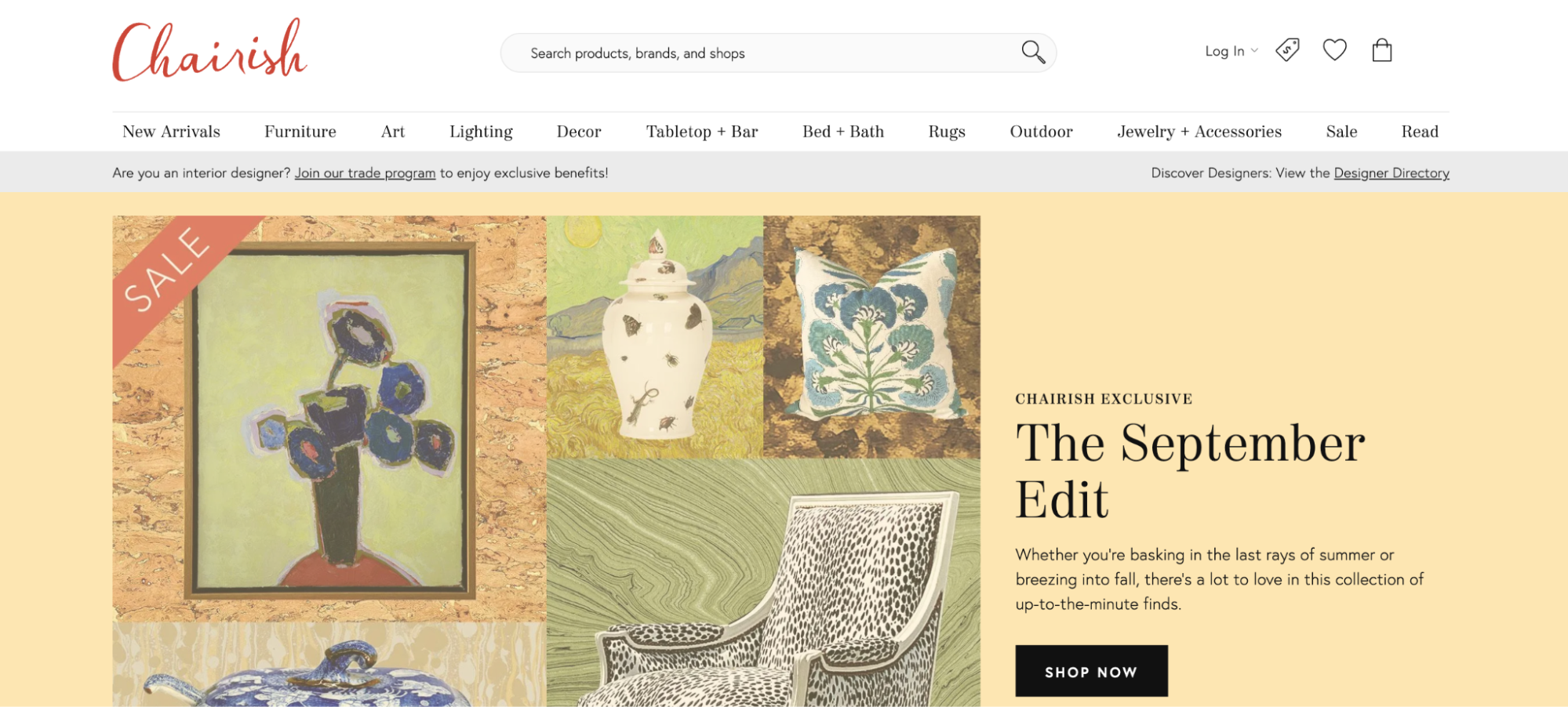 A yellow homepage with illustrations of a boutique chair, throw cushion, ceramic pot, and painting.