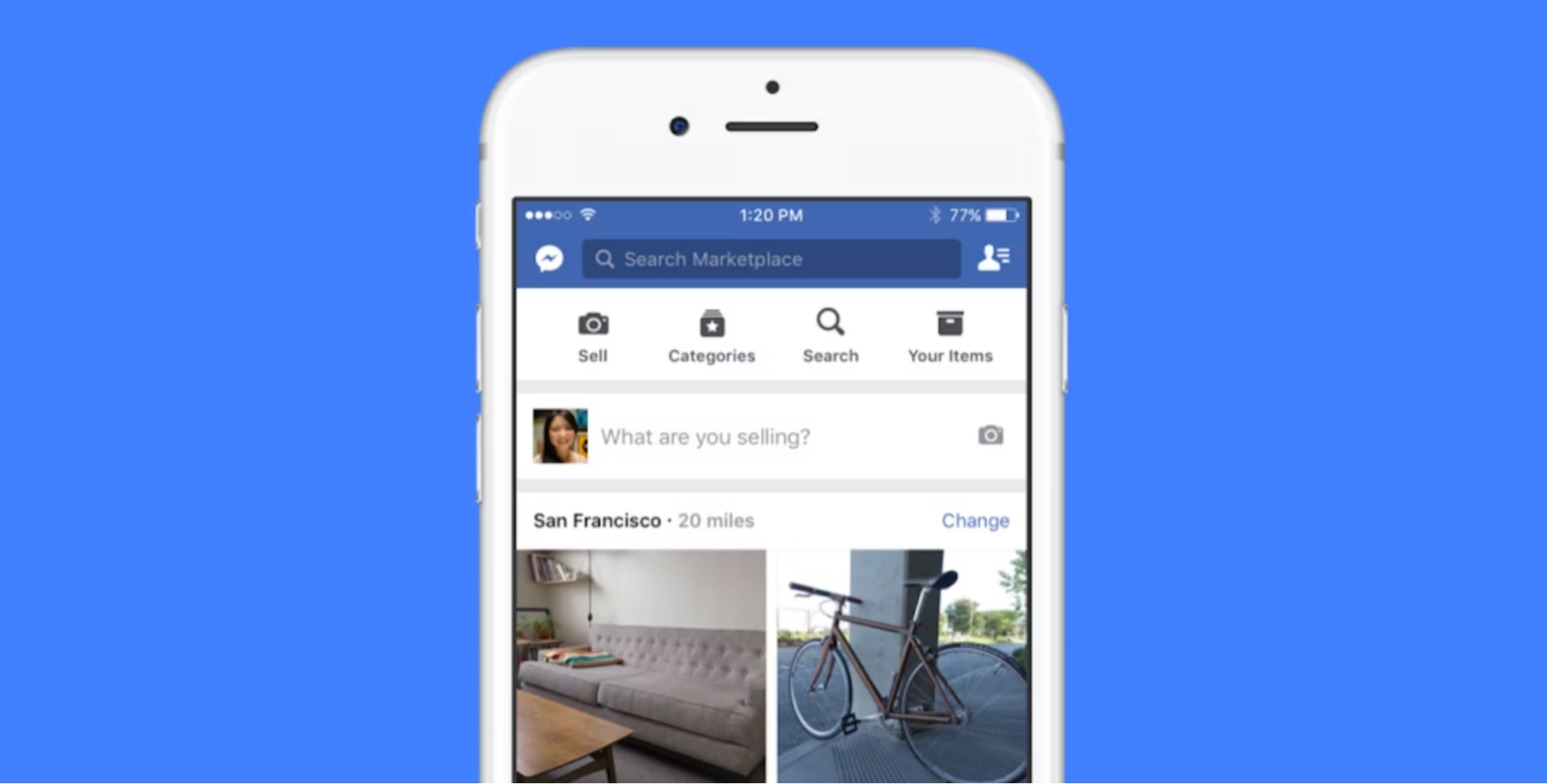 Iphone showing the Facebook Marketplace homepage on a blue background.