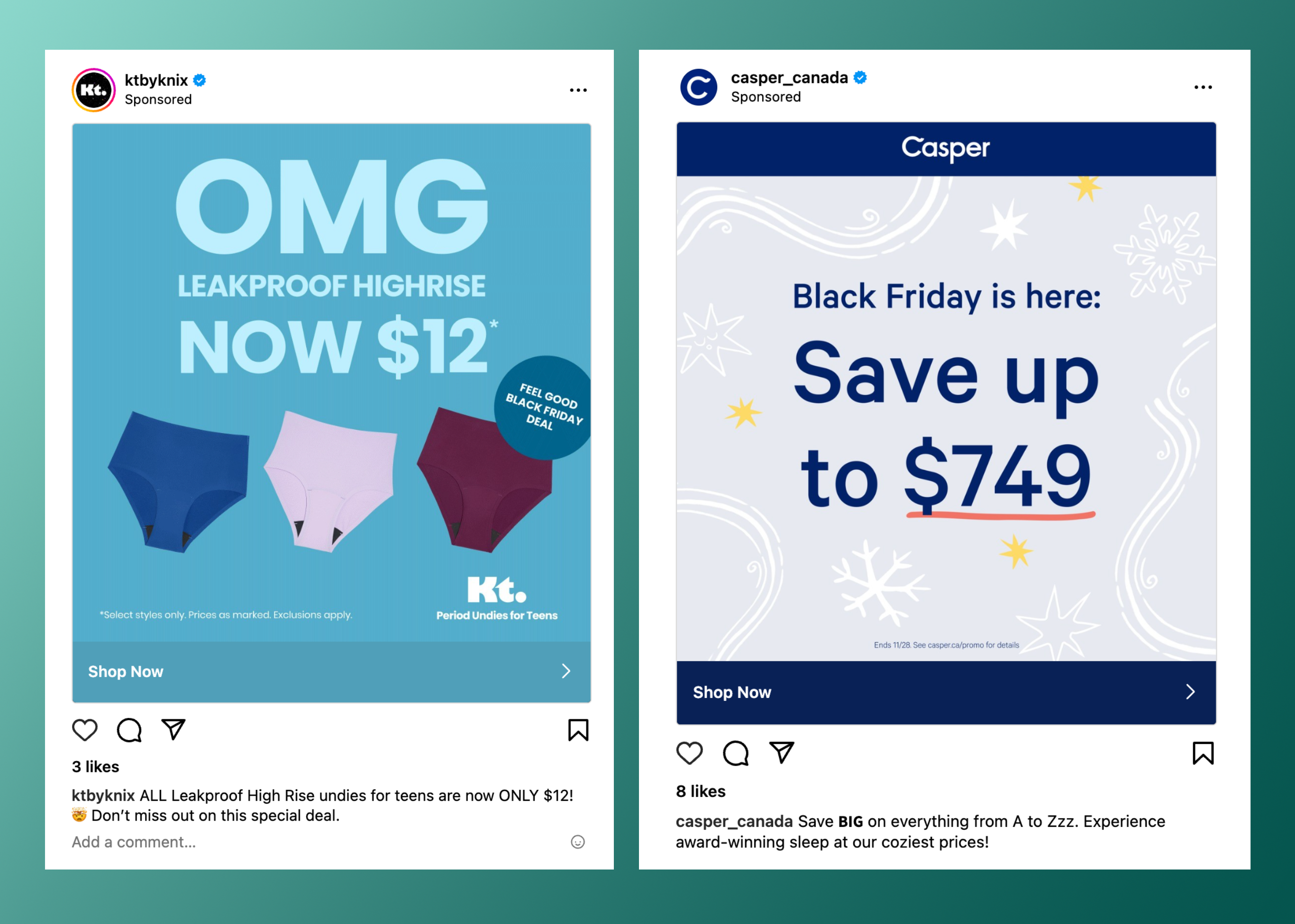 Side by side panels of mobile screens showing Instagram ad examples