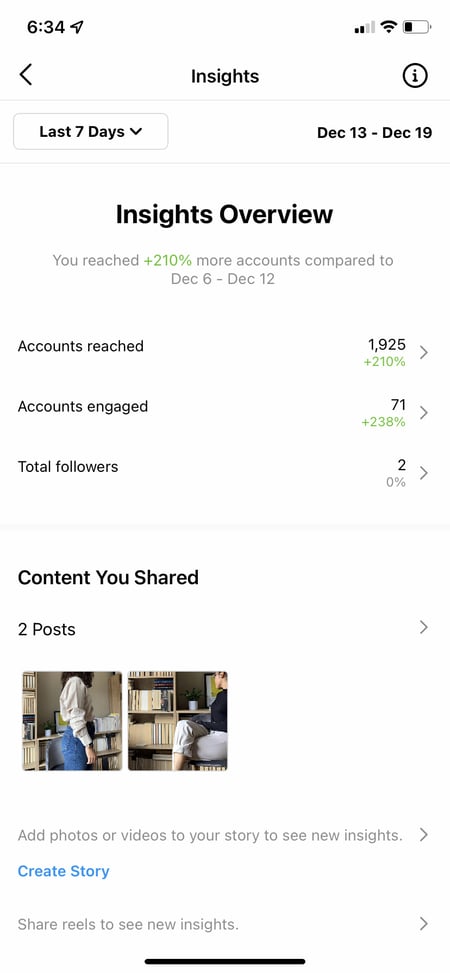 Screenshot showing what an insights “overview” can look like in Instagram Insights.