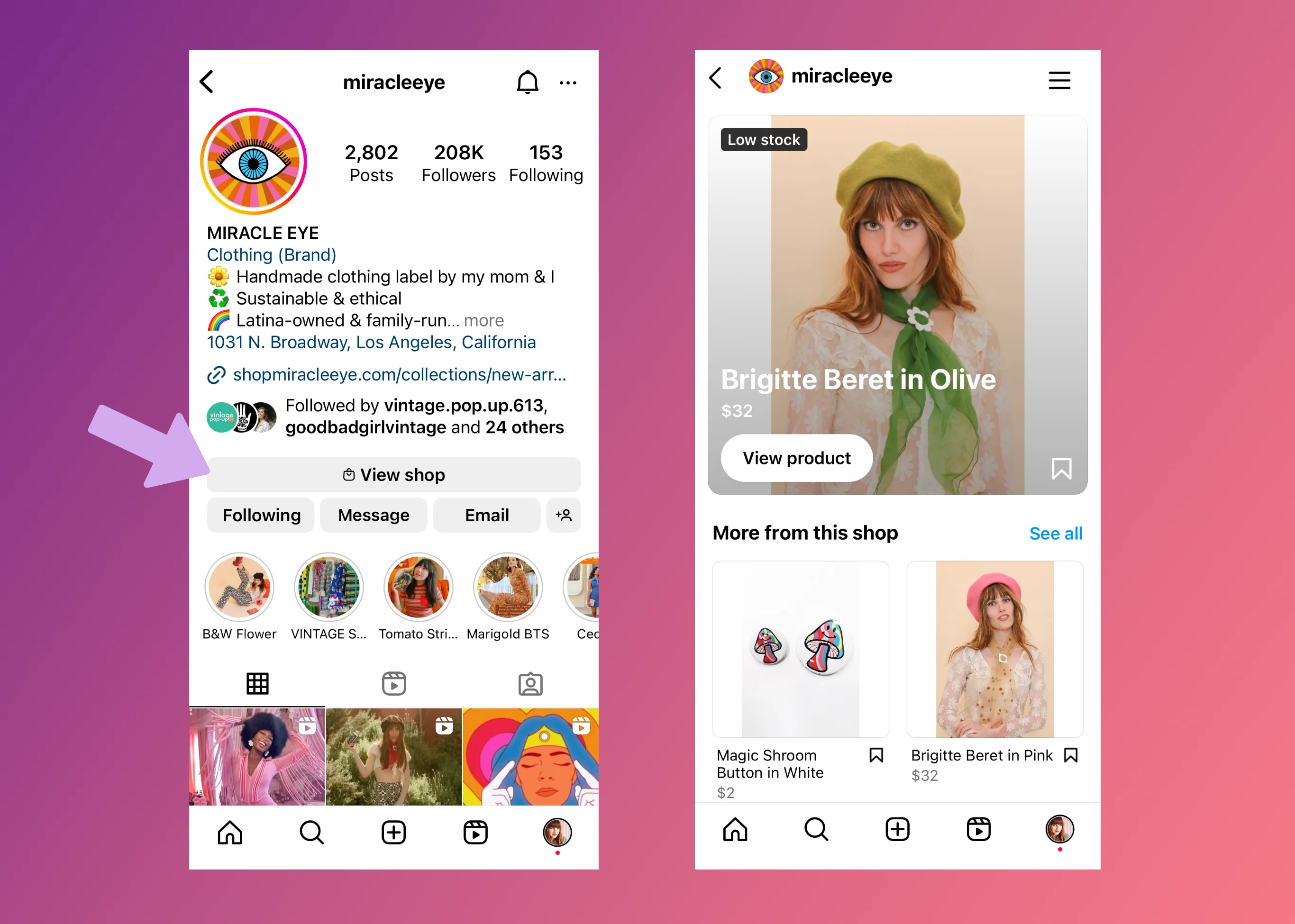 Side by side panels of mobile screens showing Instagram Shop examples