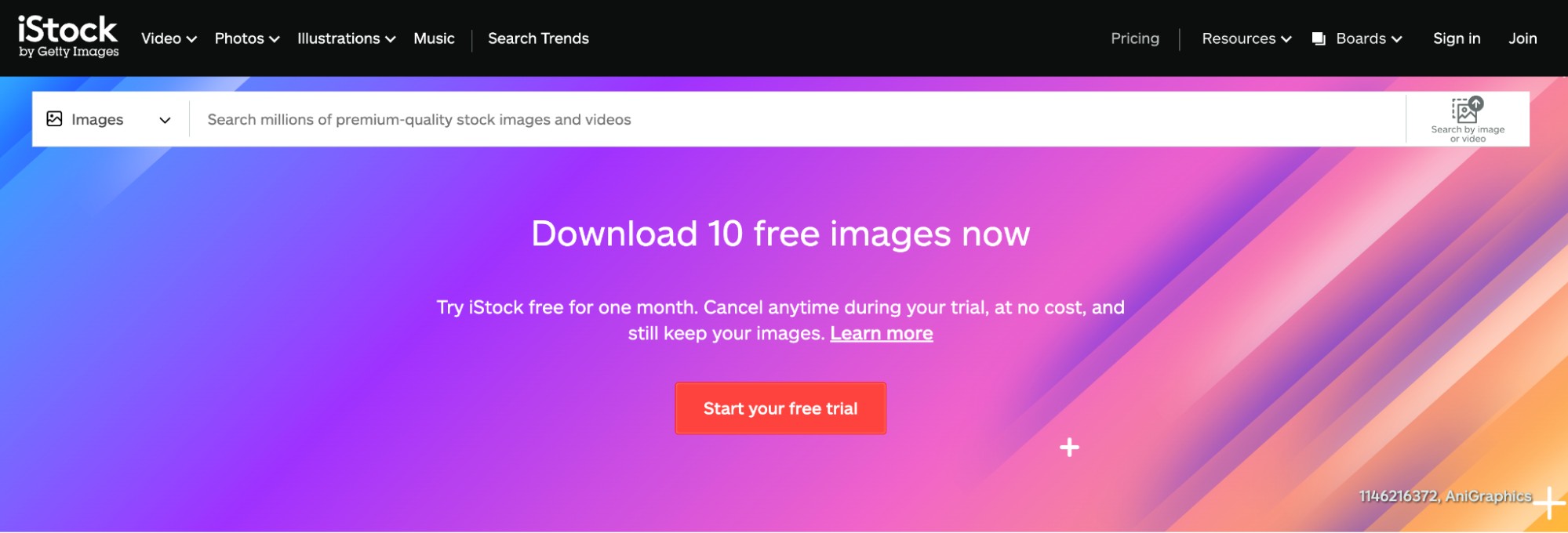 iStock’s homepage offering 10 free images to download