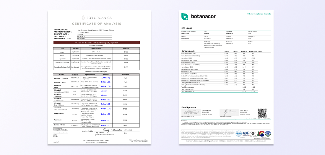 Certificate of analysis and lab testing report for Joy Organics CBD oil.