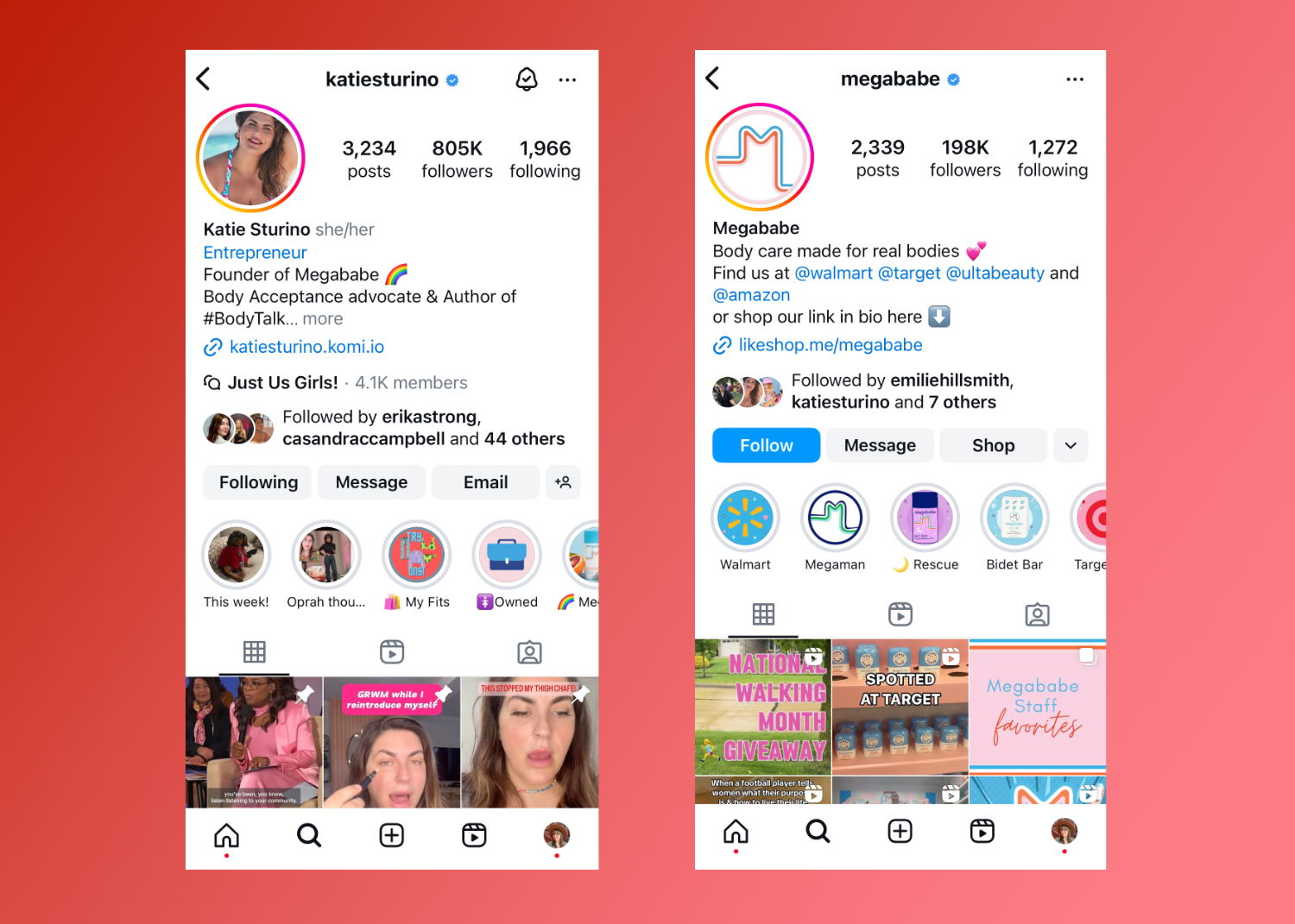 Side by side panels of mobile screens showing Instagram account examples