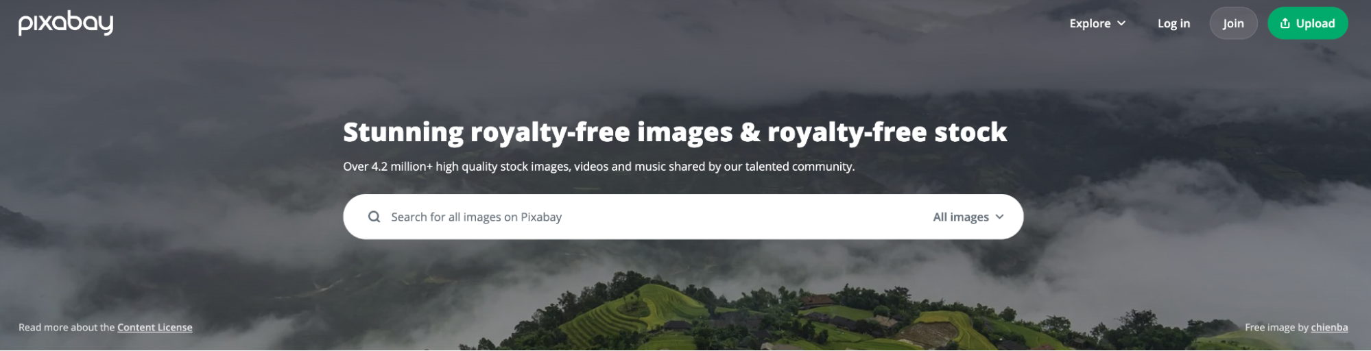 Image of Pixabay’s homepage offering royalty free stock images