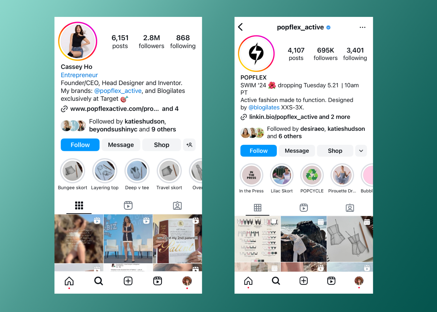 Side by side panels of mobile screens showing Instagram account examples