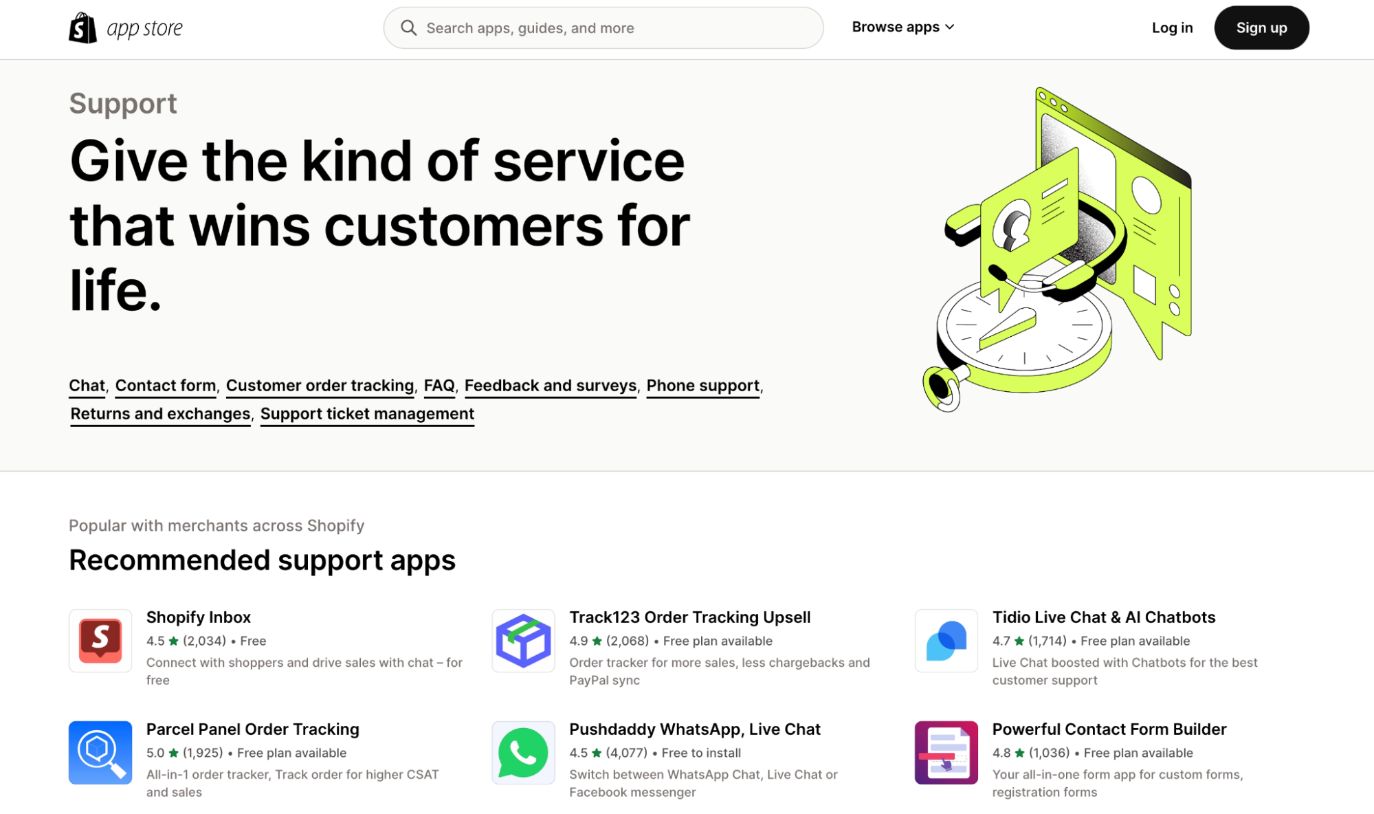 Customer service apps selected in the Shopify app store.