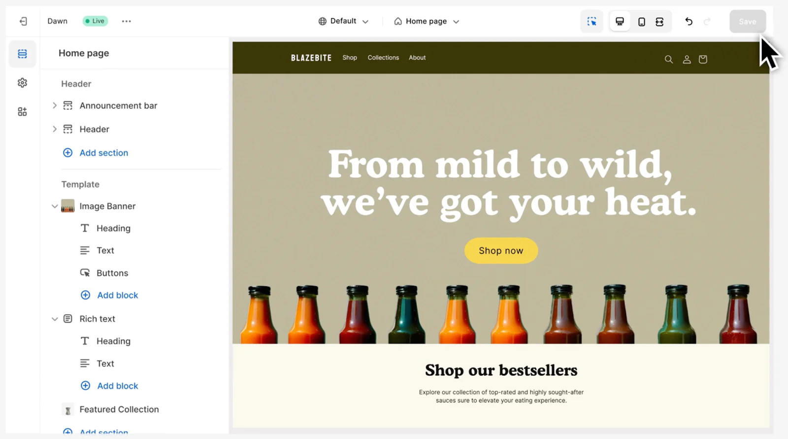 The Shopify ecommerce website builder in action, showing the homepage of a hot sauce store.