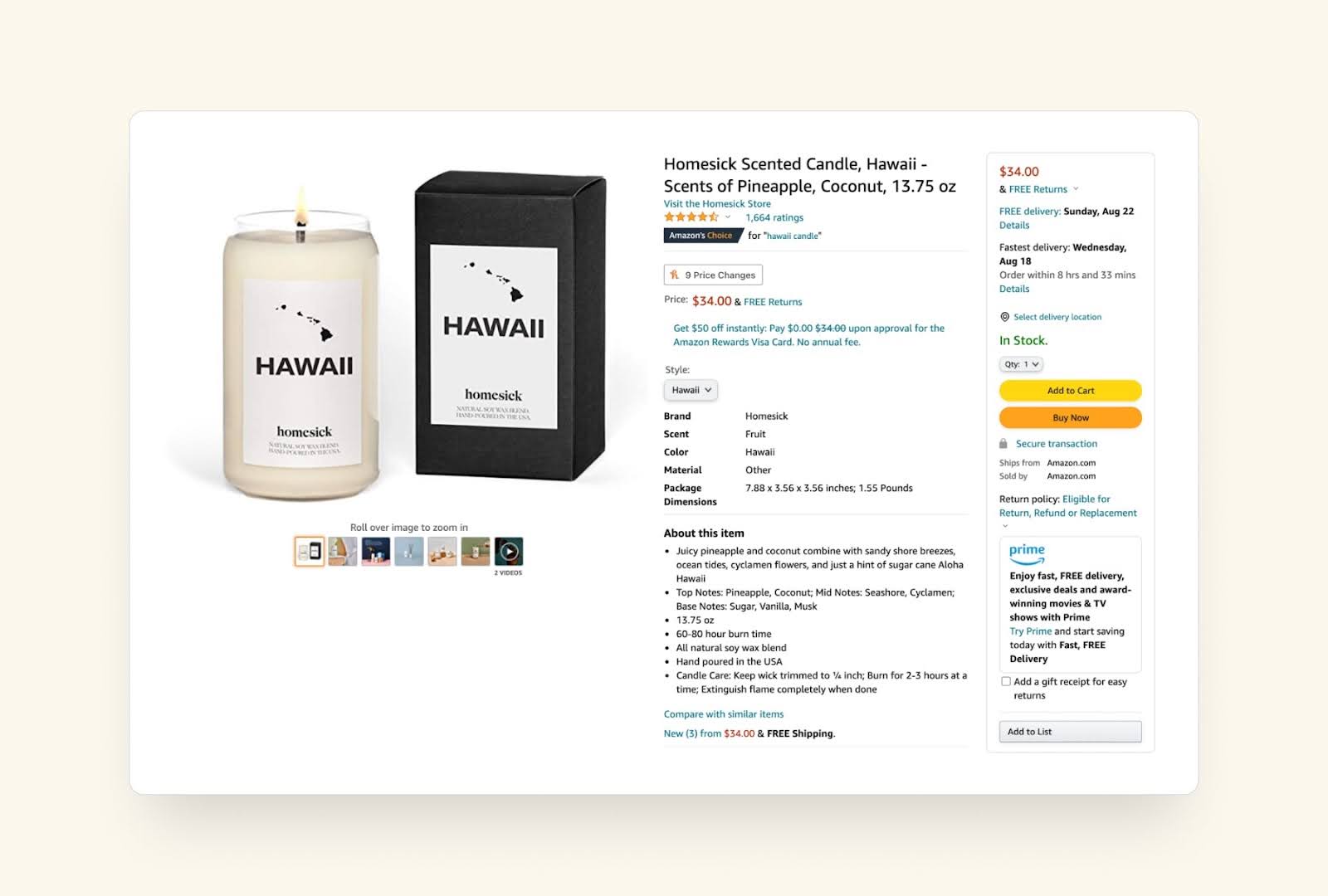 Amazon product page for Homesick Candle Hawaii.