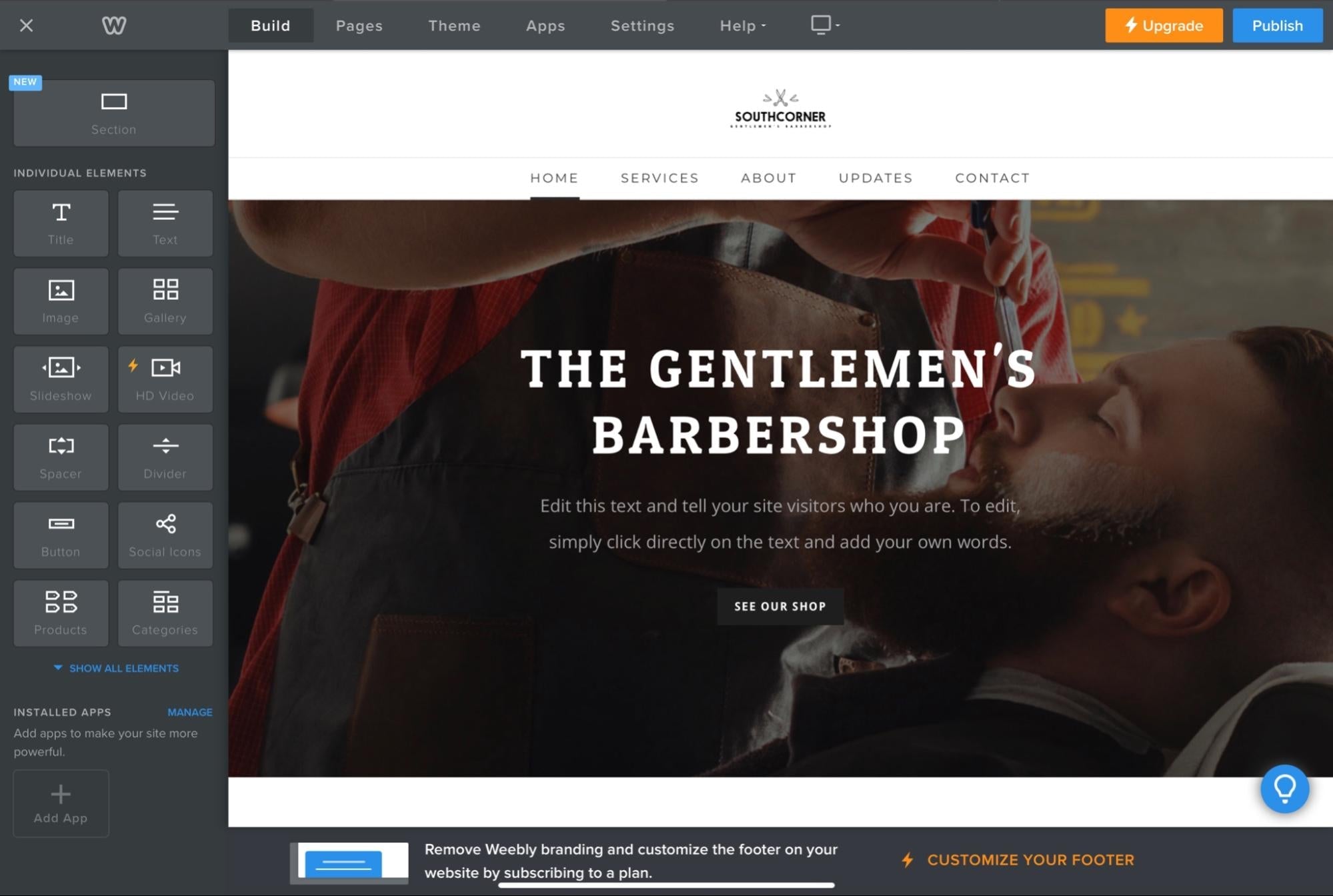 The Weebly website builder is used to create a site for a barbershop.